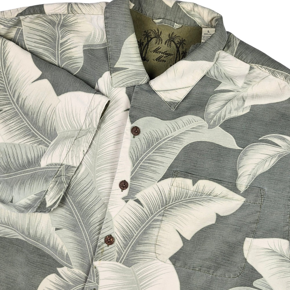 Montego Mon Button Up 100% Silk Hawaiian Shirt Men L Green Tropical Resort Cuban